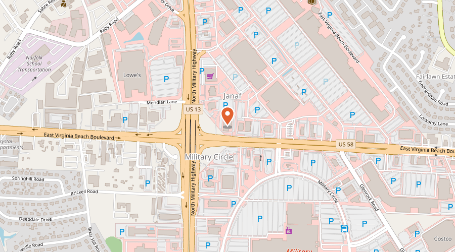 Map showing the location of AAA Norfolk Car Care Center on 5732 East Virginia Beach Boulevard, Norfolk, VA 23502