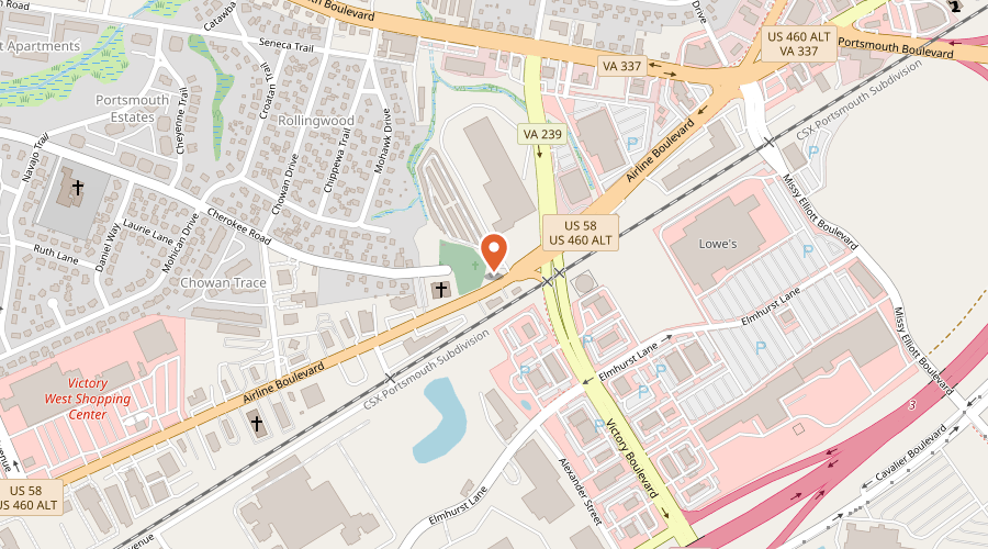 Map showing the location of Airline Self Storage on 2604 Airline Boulevard, Portsmouth, VA 23701