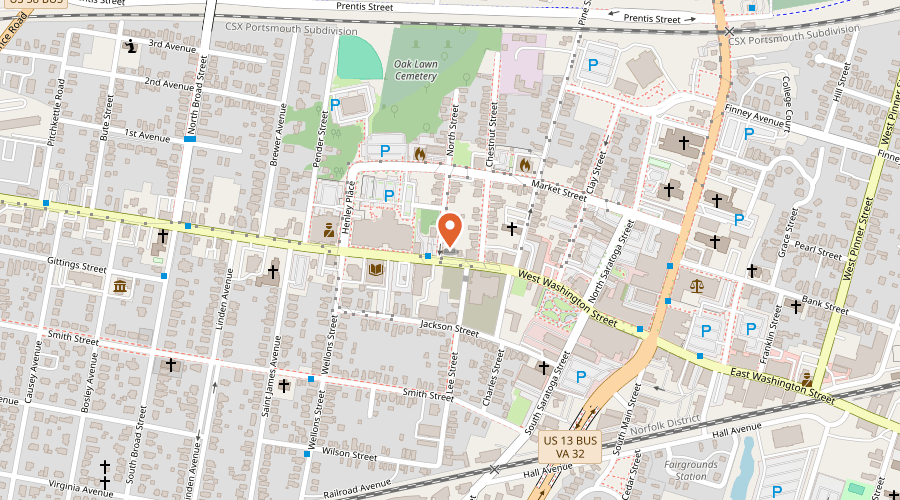 Map showing the location of Al's Auto Glass & Storefront on 416 West Washington Street, Suffolk, VA 23434