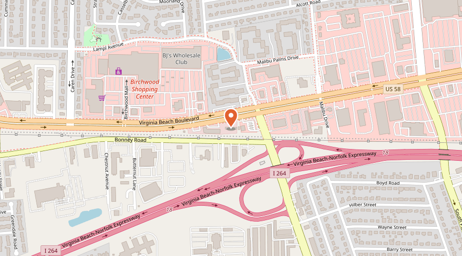 Map showing the location of American Pride Car Wash on 3689 Virginia Beach Boulevard, Virginia Beach, VA 23452
