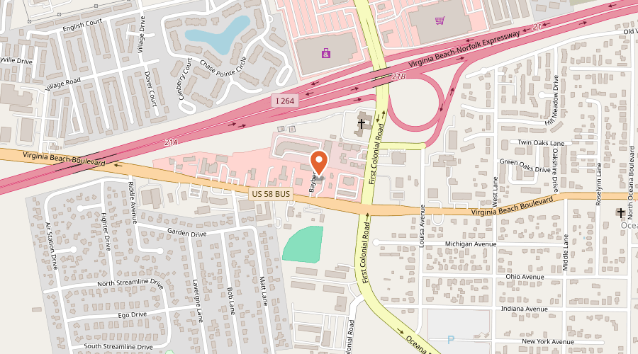 Map showing the location of Atlantic Glass & Mirror on 1720 Virginia Beach Boulevard, Virginia Beach, VA 23454
