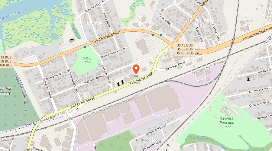 Map showing the location of Bay Cabinets on 428 East Pinner Street, Suffolk, VA 23434