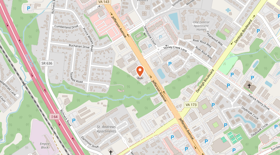 Map showing the location of Bay Custom Auto on 12823 Jefferson Avenue, Newport News, VA 23608