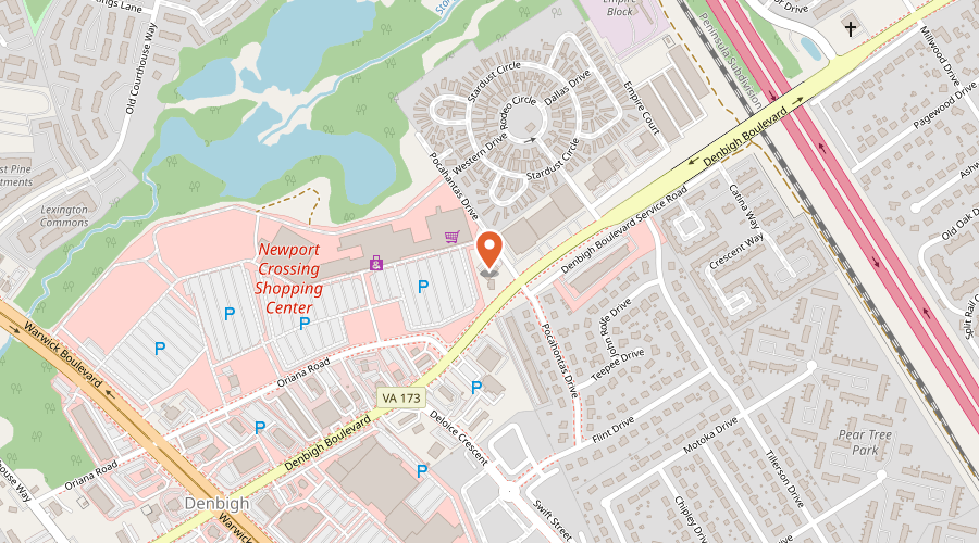 Map showing the location of Bay Custom Tinting on 205 Pocahantas Drive, Newport News, VA 23608