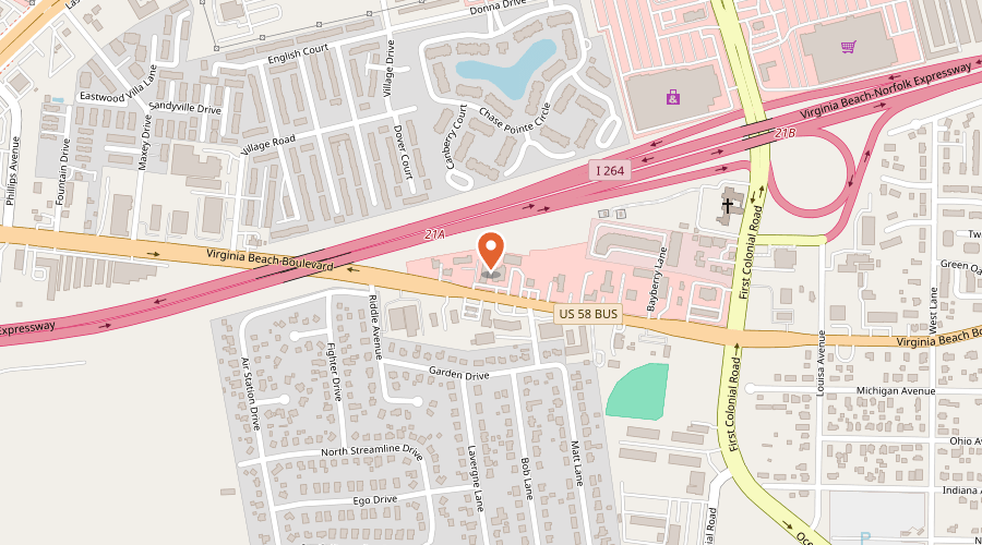 Map showing the location of Beach Radiator & Air Conditioning Services on 1776 Virginia Beach Boulevard, Virginia Beach, VA 23454