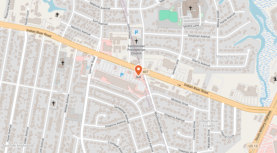 Map showing the location of Big Als Mufflers & Brakes on 4411 Indian River Road, Chesapeake, VA 23325