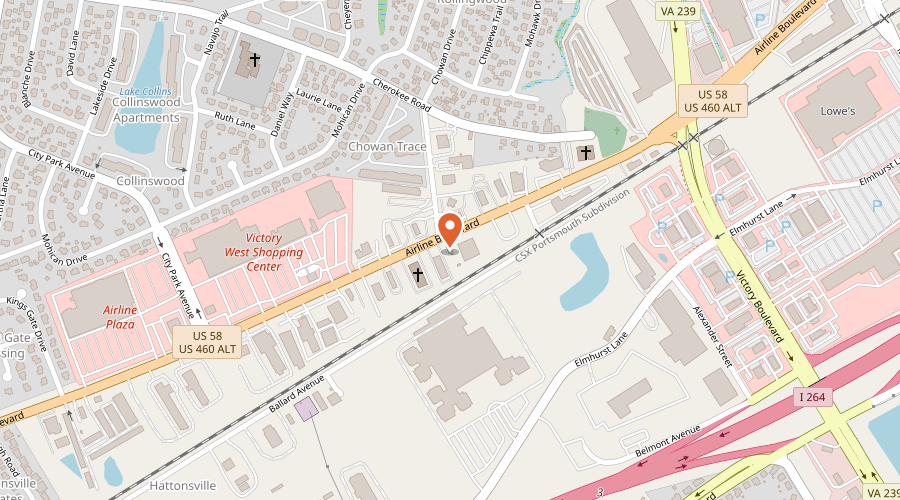 Map showing the location of Britton's Accounting & Tax Service on 2723 Airline Boulevard, Portsmouth, VA 23701