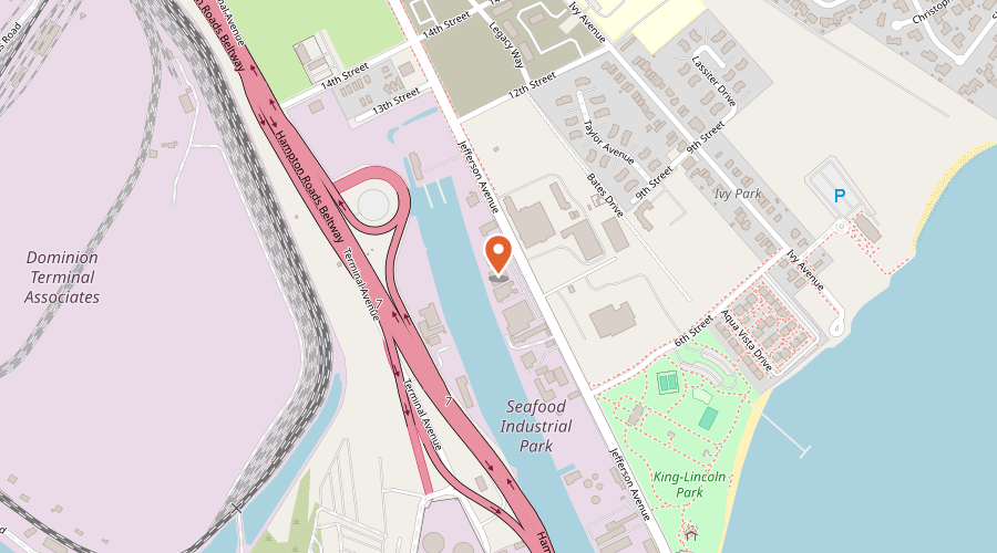 Map showing the location of Buoys Seafood on 807 Jefferson Avenue, Newport News, VA 23607