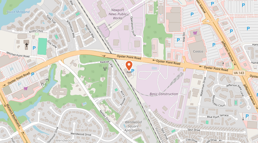 Map showing the location of Colony Tire on 508 Oyster Point Road, Newport News, VA 23602