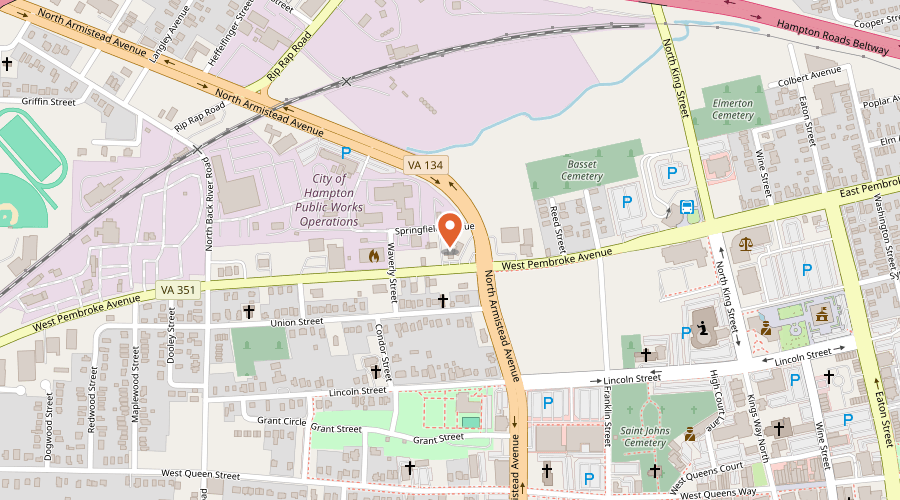 Map showing the location of Discount Auto & Tire Shop on 212 W Pembroke Ave, Hampton, VA 23666