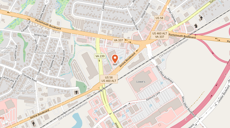Map showing the location of Greg's Bait Shack on 2560 Airline Boulevard, Portsmouth, VA 23701