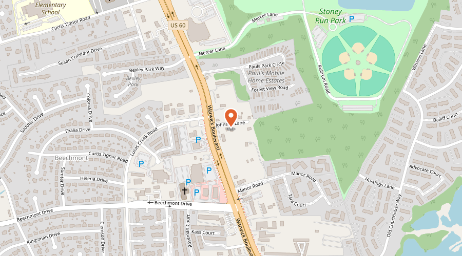 Map showing the location of Larry's Towing on 36 Johnson Lane, Newport News, VA 23608-3601