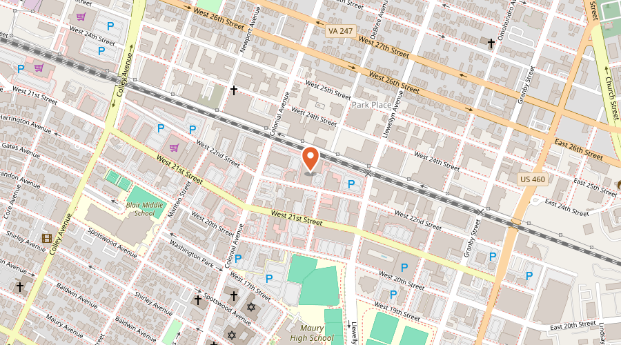 Map showing the location of Macies Mirror on 350 West 22nd Street, Norfolk, VA 23517