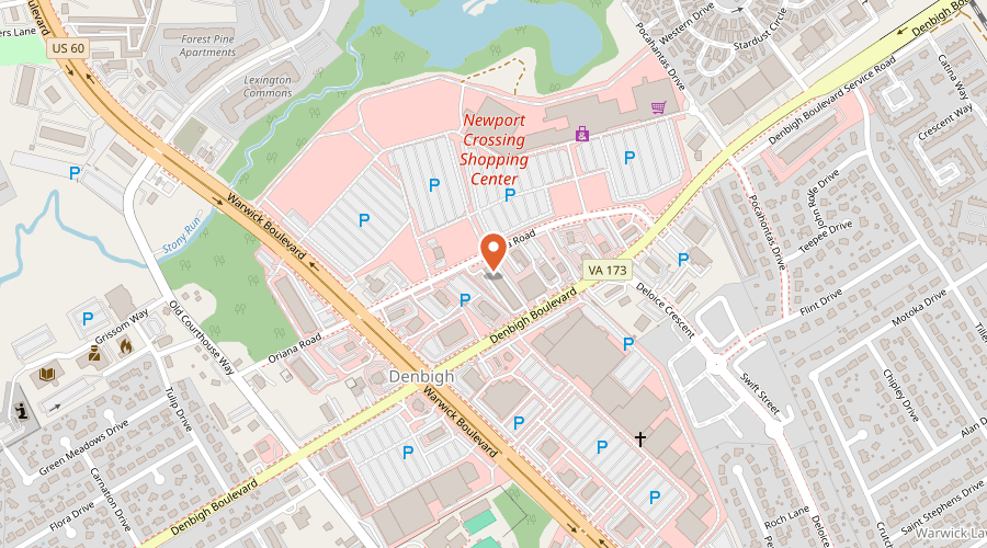 Map showing the location of Matt's M.A.R.S Auto Body on 419 Denbigh Boulevard, Newport News, VA 23608