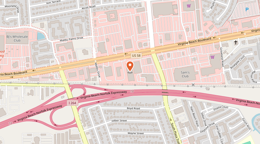 Map showing the location of Mini Price Storage on 3441 Virginia Beach Boulevard, Virginia Beach, VA 23452