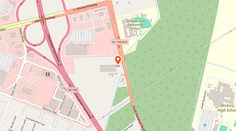 Map showing the location of Ocean Storage on 1878 South Battlefield Boulevard, Chesapeake, VA 23322