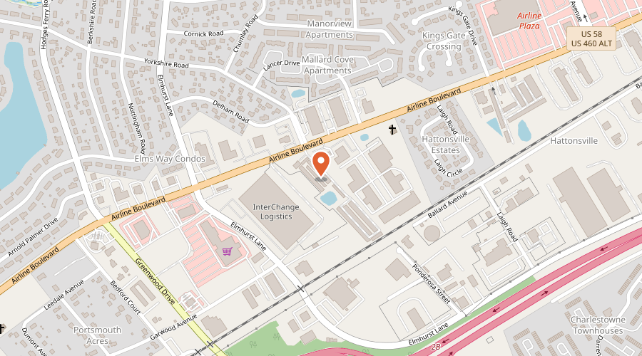 Map showing the location of Portsmouth Storage Depot on 3401 Airline Boulevard, Portsmouth, VA 23701