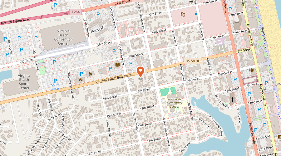 Map showing the location of Princess Anne Distributing Co on 623 Virginia Beach Boulevard, Virginia Beach, VA 23451