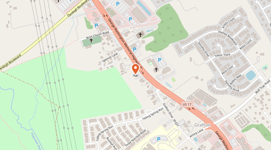 Map showing the location of PTL Automotive Center on 6219 George Washington Memorial Highway, Yorktown, VA 23692