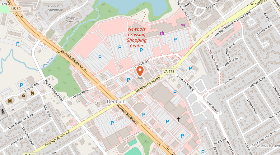 Map showing the location of Tire Auto Express on 419 Denbigh Boulevard, Newport News, VA 23608