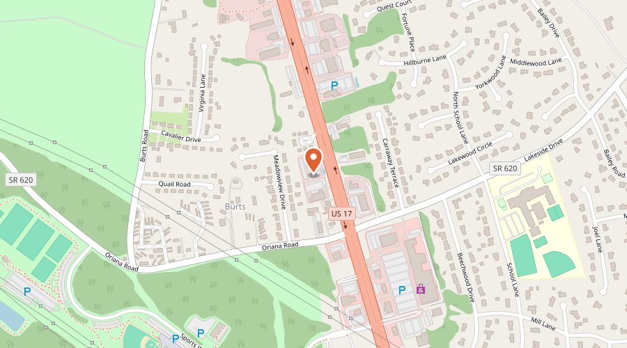Map showing the location of Tire Traxx Express on 4601 George Washington Memorial Highway, Yorktown, VA 23692