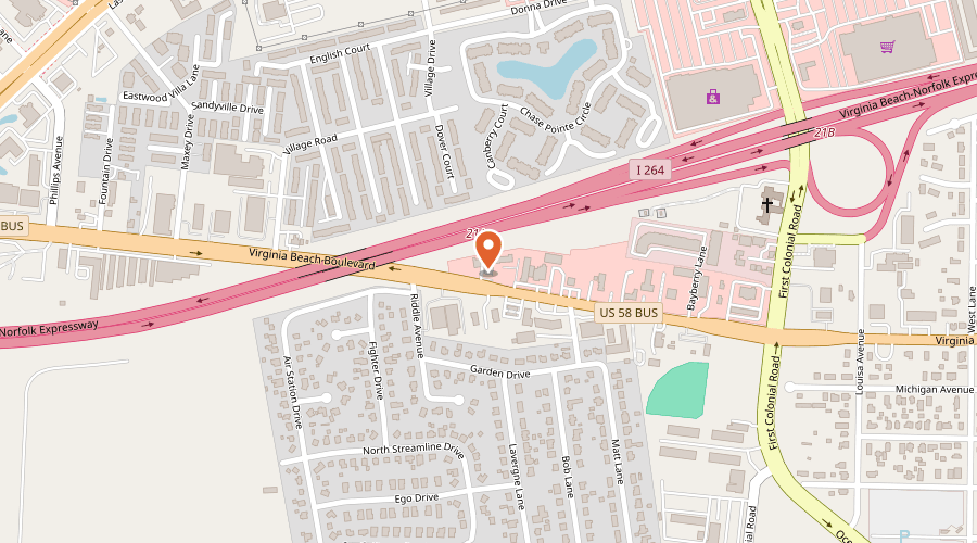 Map showing the location of Used Tire Express on 1788 Virginia Beach Boulevard, Virginia Beach, VA 23454