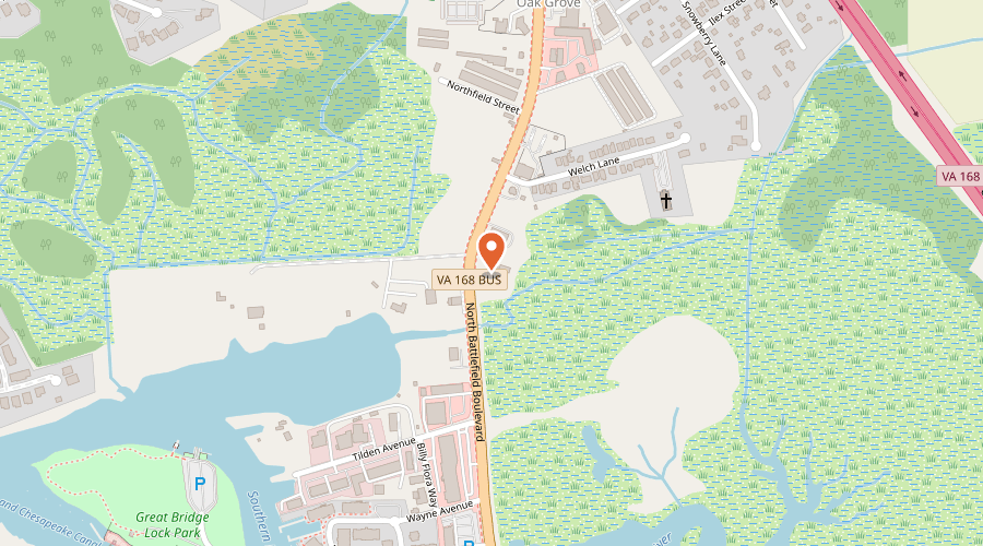 Map showing the location of Wargo Automotive on 333 North Battlefield Boulevard, Chesapeake, VA 23320