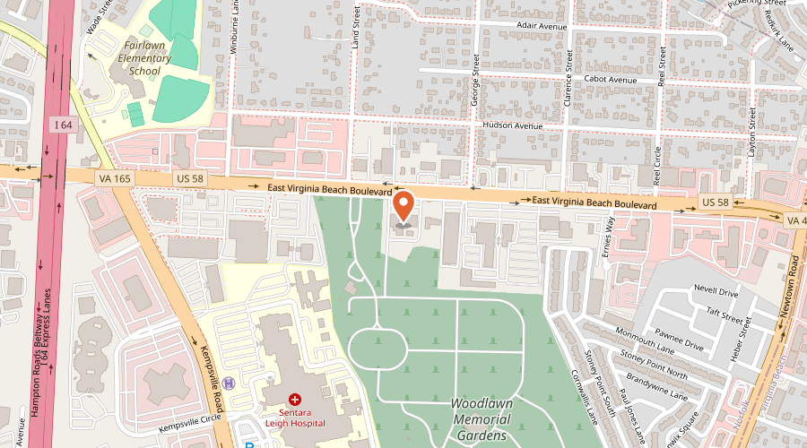 Map showing the location of Woodlawn Funeral Home on 6329 East Virginia Beach Boulevard, Norfolk, VA 23502